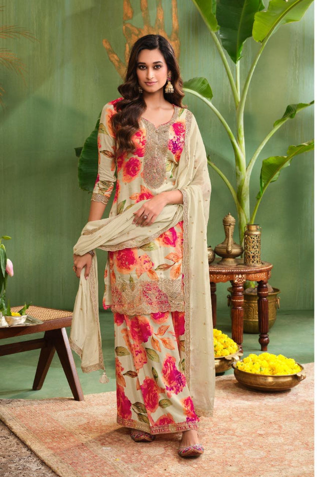 Nura - Cream - Pure Silk Printed Plazo Kameez with Georgette Dupatta - Co-ord - 3pcs
