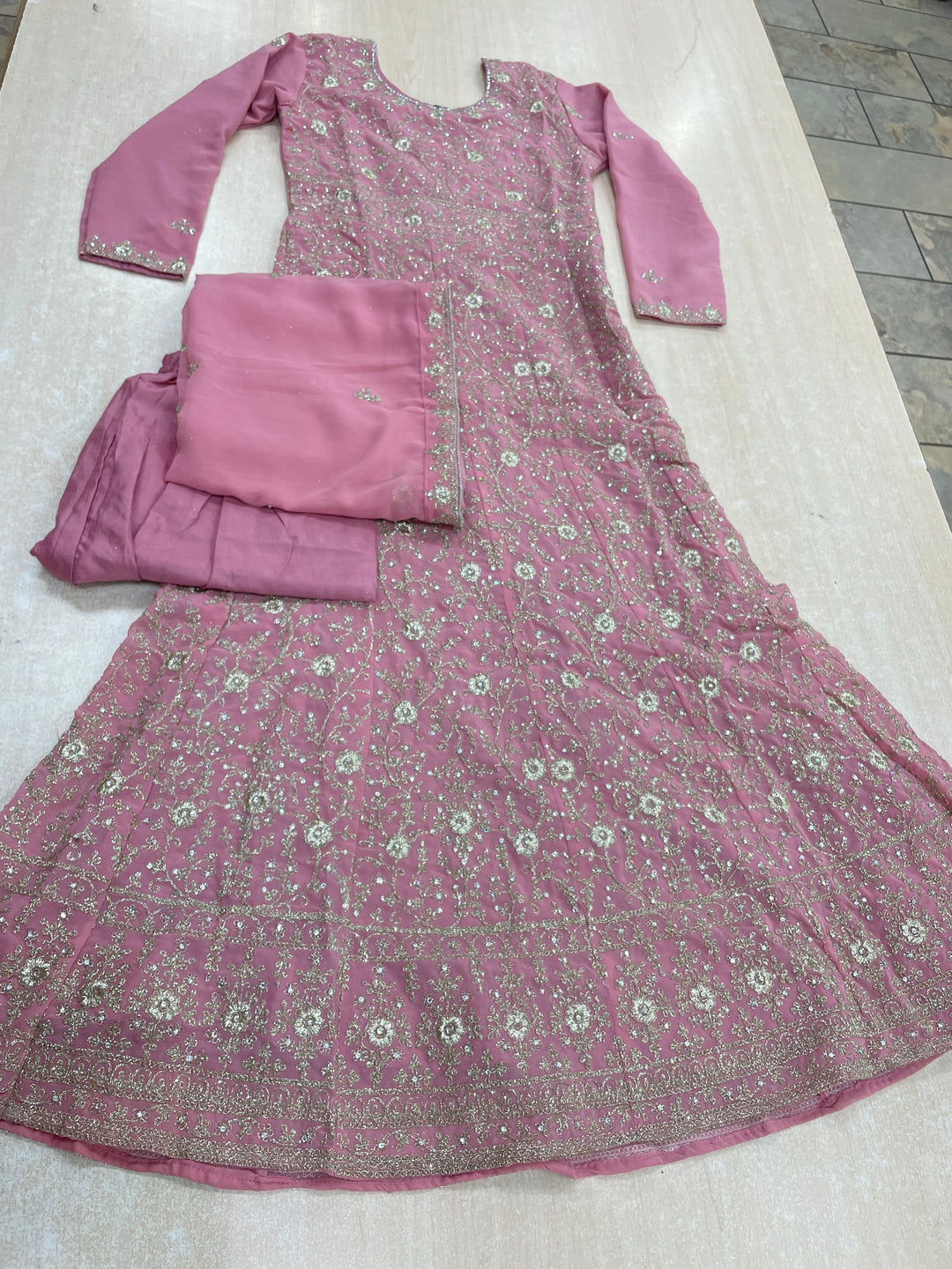 Amani - Powder Pink Embroidered Chiffon Gown - White Gold Embroidery - 3pcs