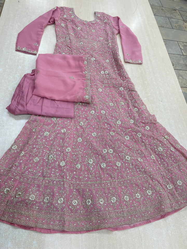 Amani - Powder Pink Embroidered Chiffon Gown - White Gold Embroidery - 3pcs
