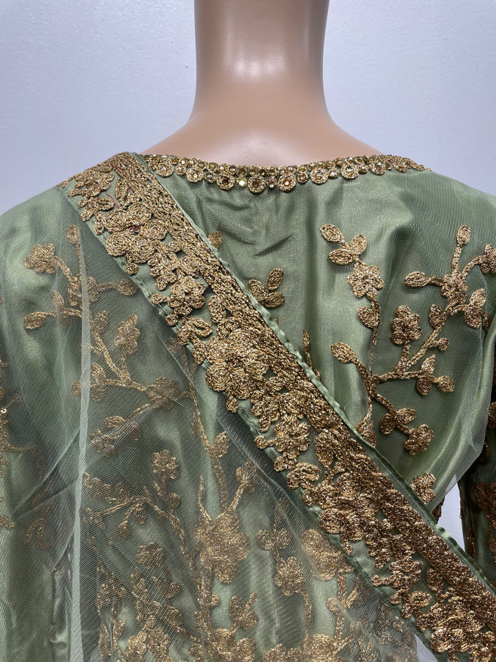 Meher - Mendhi Green Heavy Embroidered Gown with Front Split - 3pcs