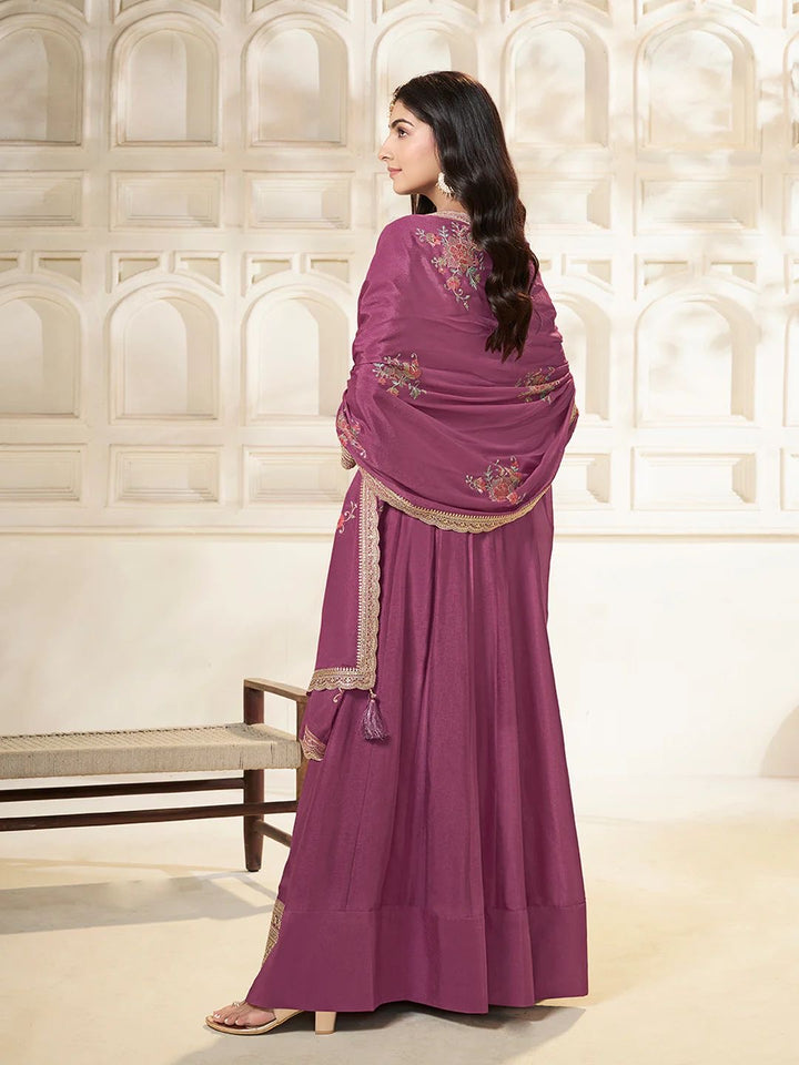 Amal – Purple Chinon Embroidered Anarkali Suit with Scalloped Dupatta - 2pcs