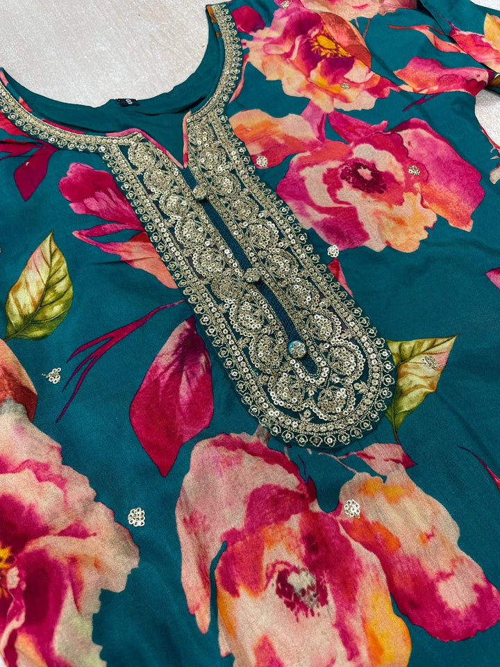 Nura - Teal - Pure Silk Printed Plazo Kameez with Georgette Dupatta - Co-ord - 3pcs