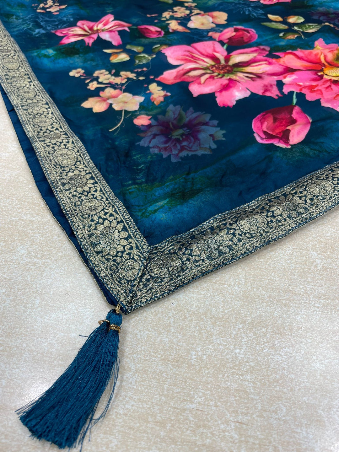 Floral Elegance –  Navy Blue Digital Print Dupatta with Zari Border