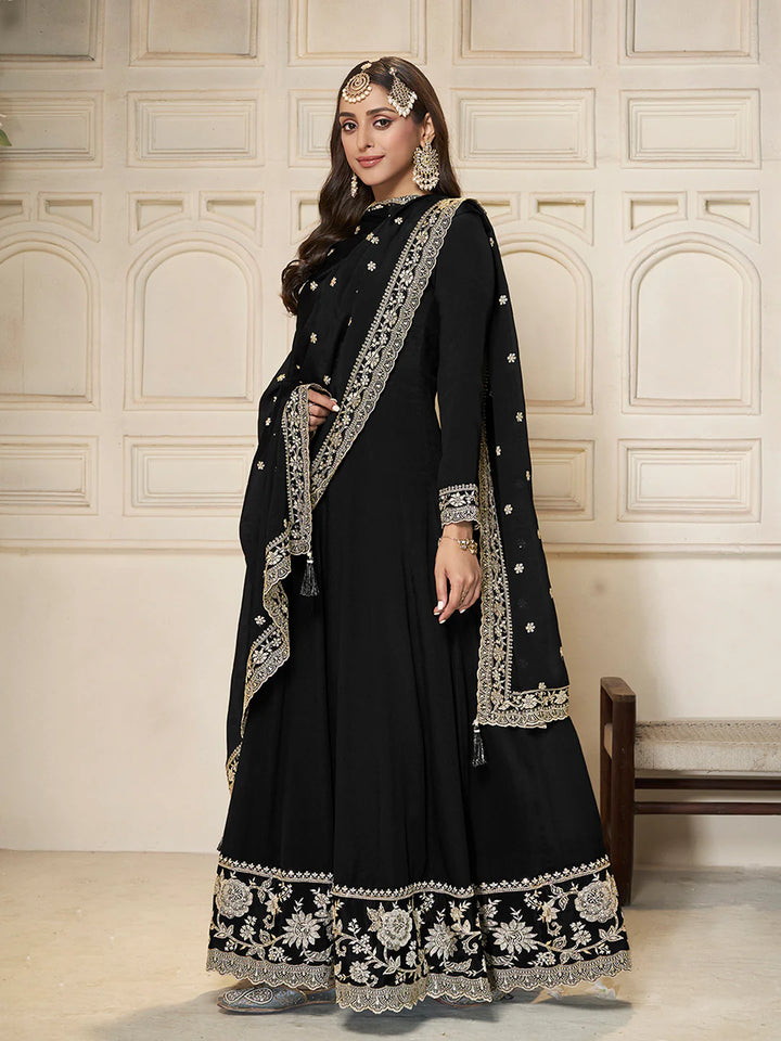 Nureh – Black Chinon Embroidered Anarkali Suit with Scalloped Dupatta - 2pcs
