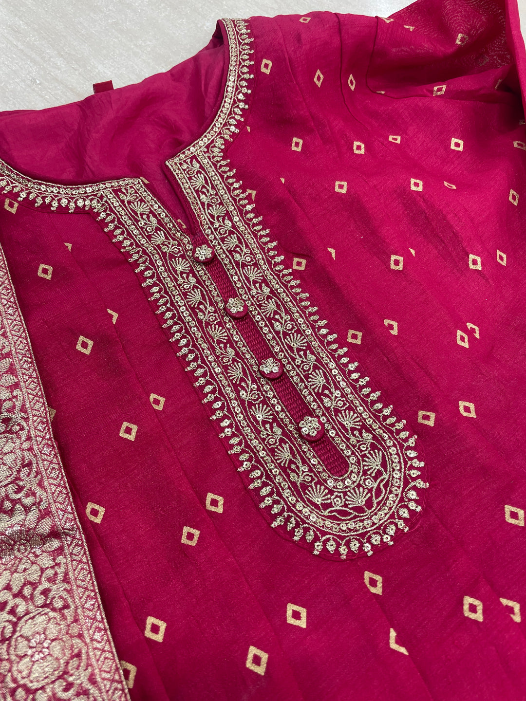Iman - Pink Silk embroidered Anarkali with digital print scarf - 3 Pcs