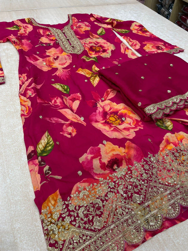 Nura - Hot Pink - Pure Silk Printed Plazo Kameez with Georgette Dupatta - Co-ord - 3pcs