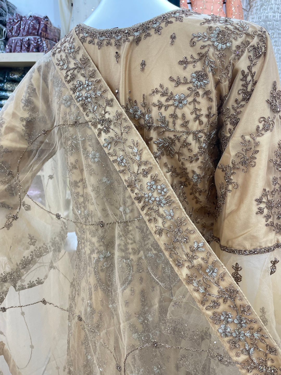 Jannah - Dijon Yellow/Mustard Heavy Embroidered Net Party Gown with Bell Sleeves/Copper Gold Embroidered - 3pcs