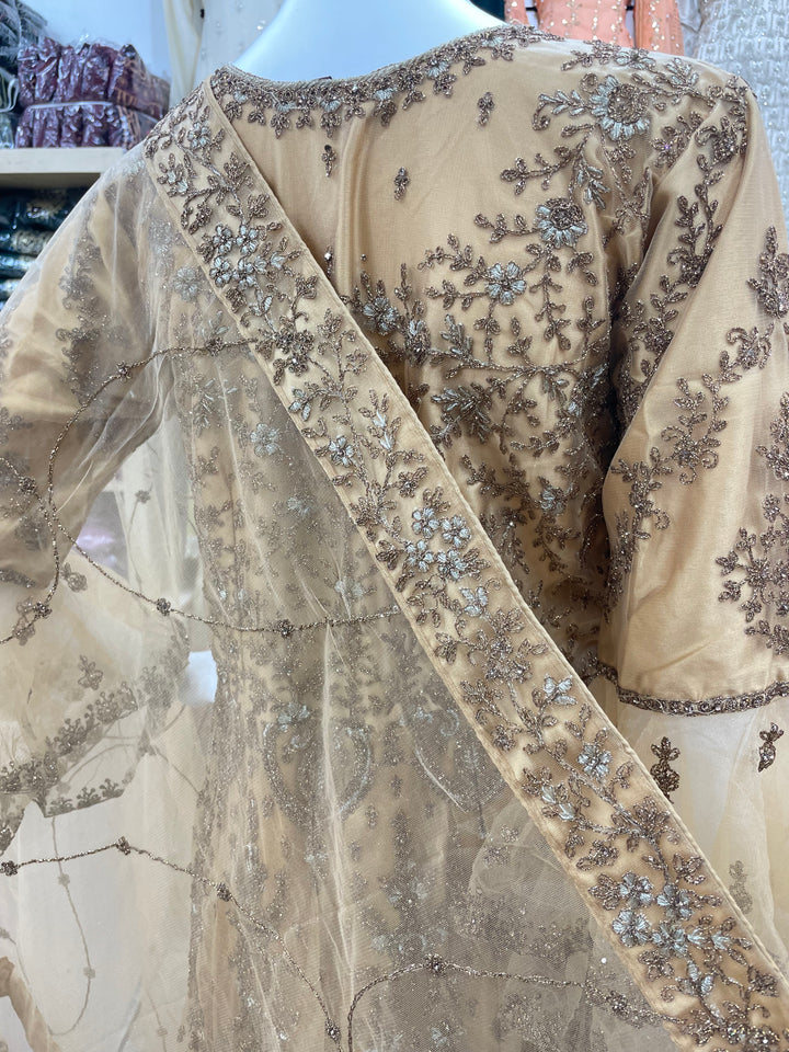 Jannah - Dijon Yellow/Mustard Heavy Embroidered Net Party Gown with Bell Sleeves/Copper Gold Embroidered - 3pcs