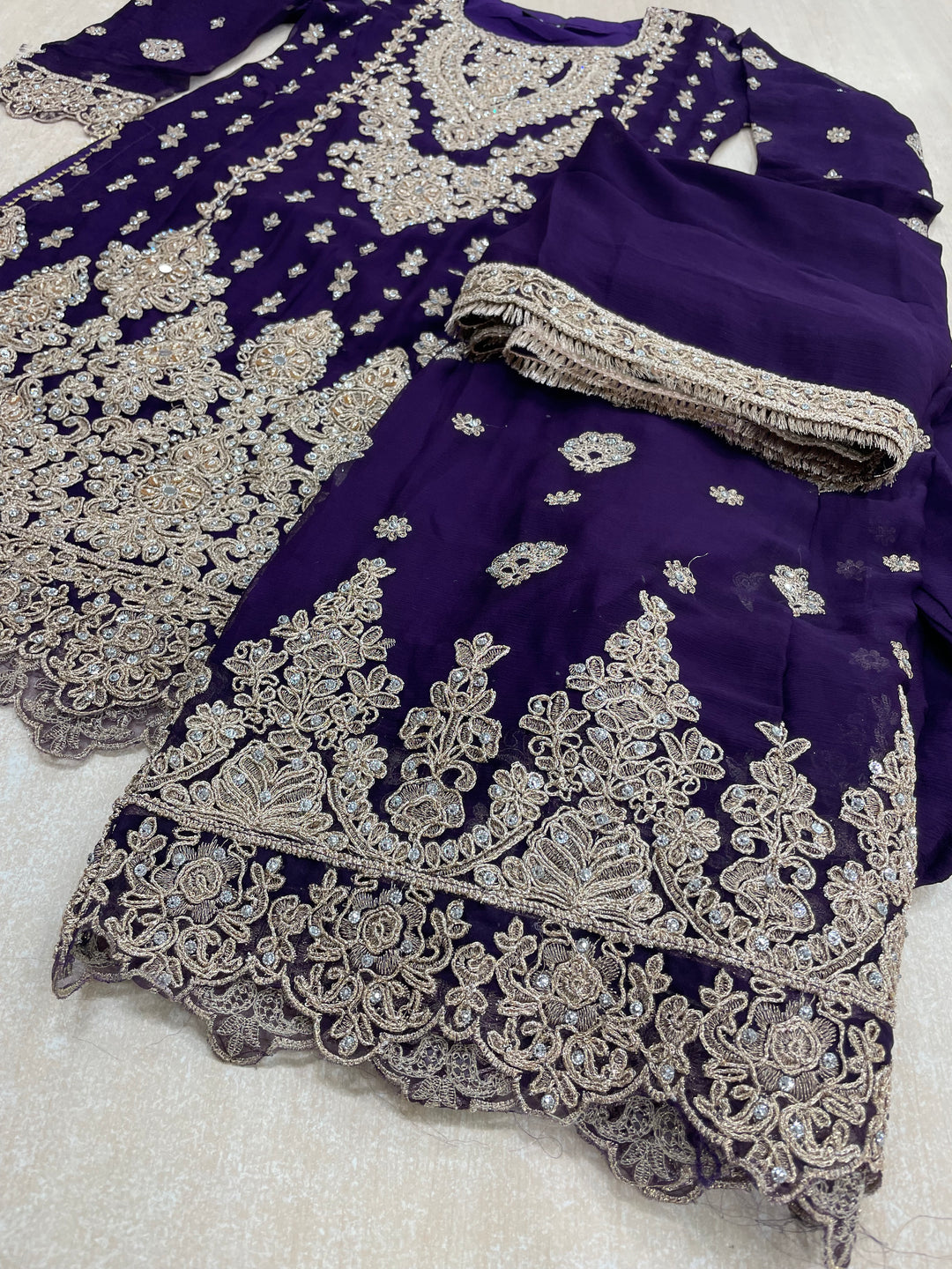 Aisha - Purple embroidered Plazo - Rose Gold Embroidered & Gem work - 3Pcs