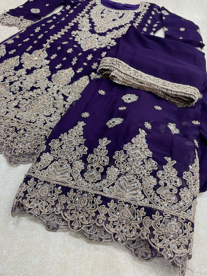 Aisha - Purple embroidered Plazo - Rose Gold Embroidered & Gem work - 3Pcs