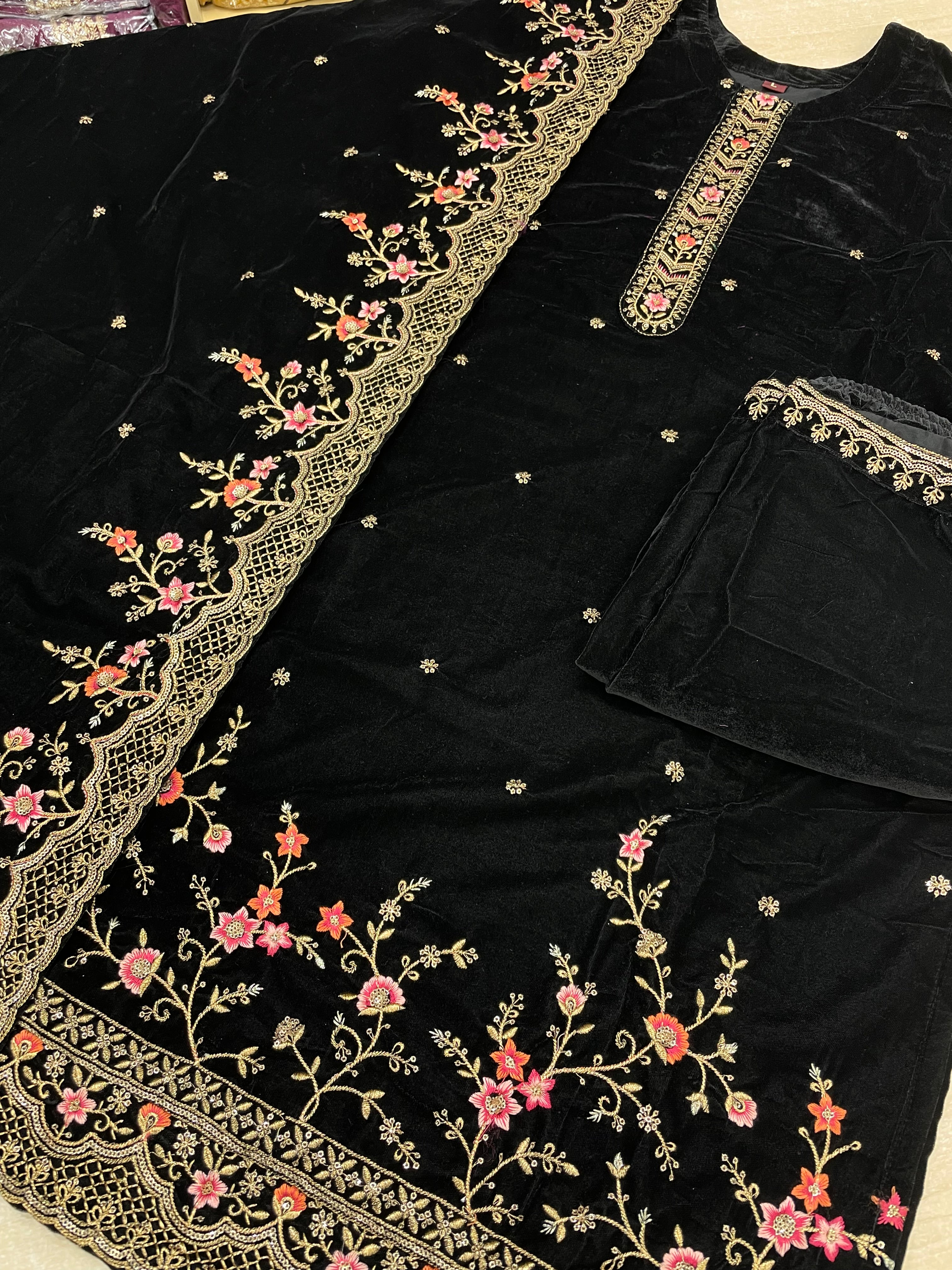 Black Velvet Kameez - Embroidered & Gem work - 3Pcs