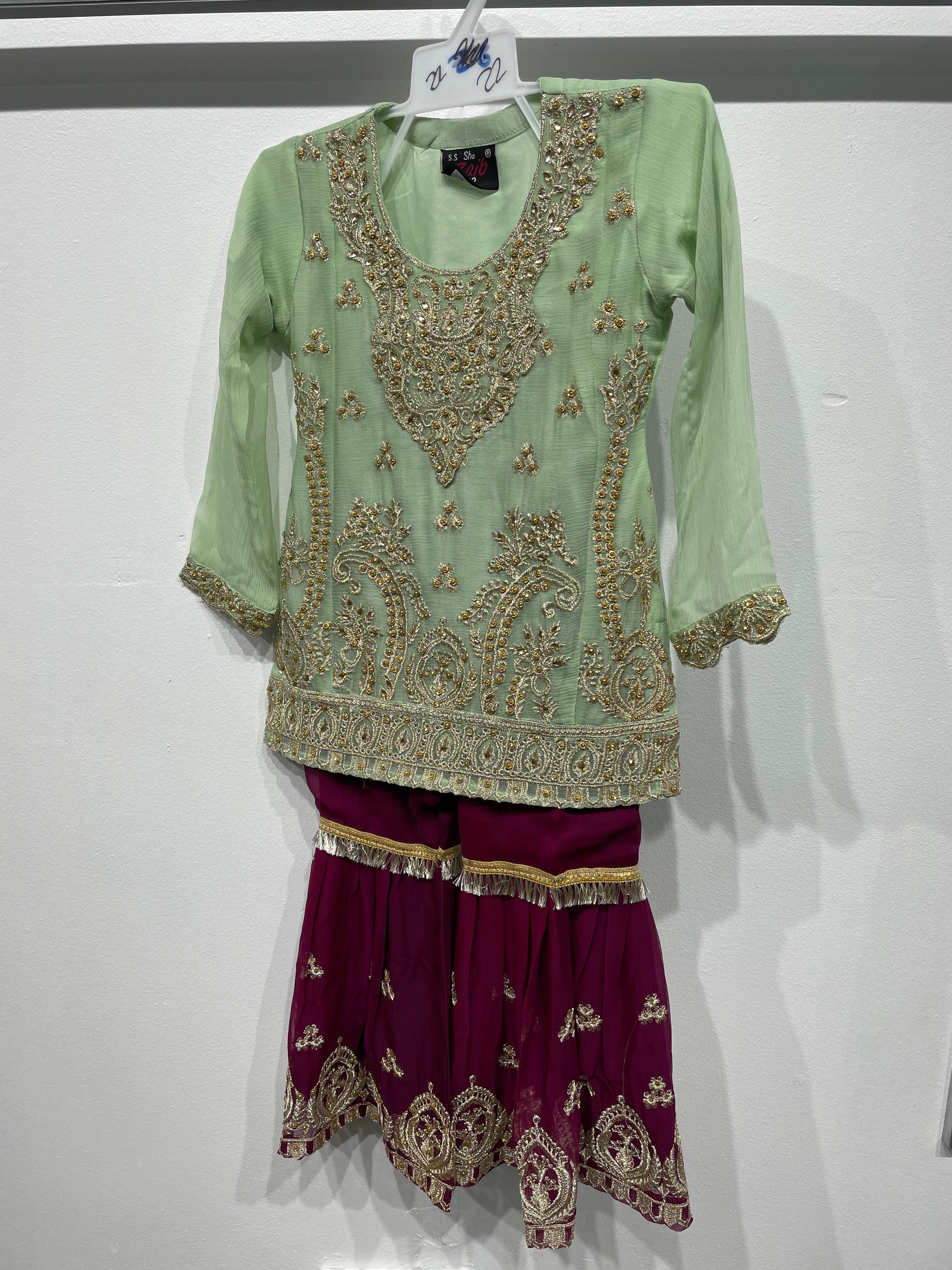 Kids Mint Green and Purple Chiffon Sharara - Gold Embroidery