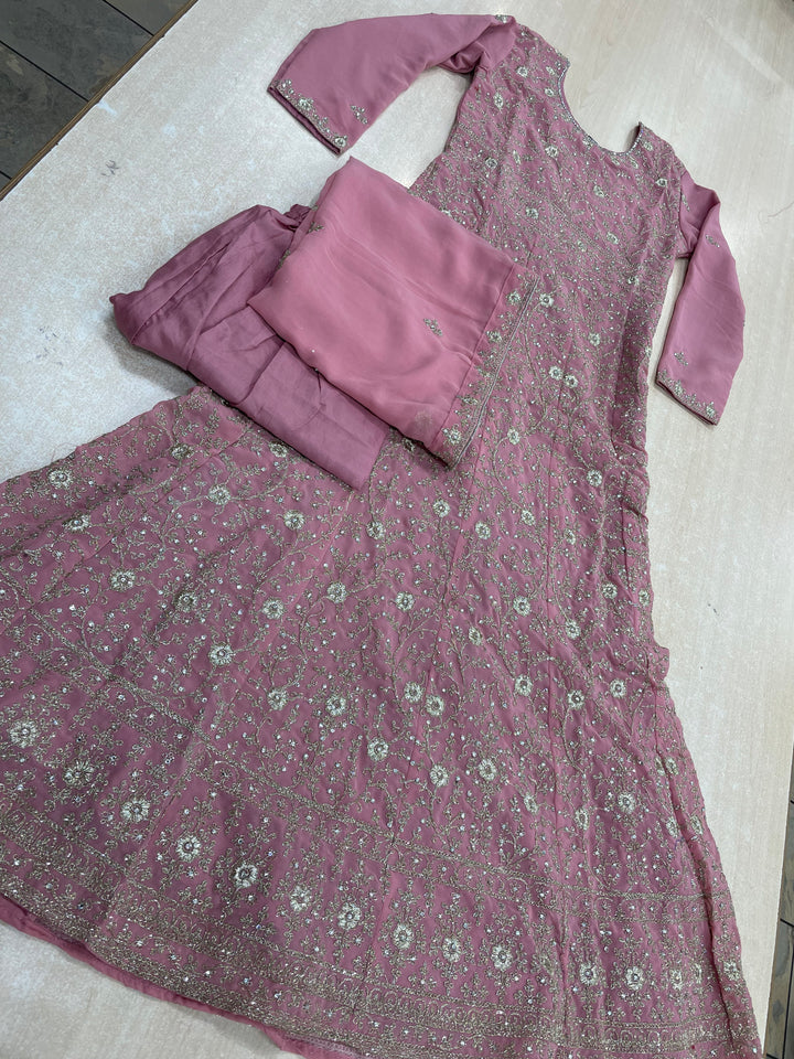 Amani - Powder Pink Embroidered Chiffon Gown - White Gold Embroidery - 3pcs