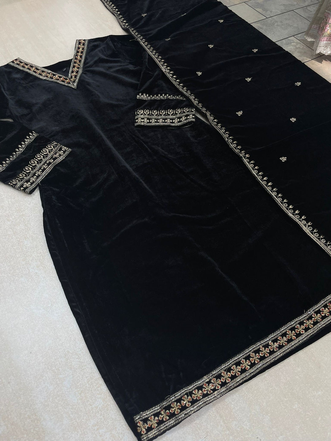 Noura - Black Velvet Kameez - Embroidered & Gem work - 3Pcs