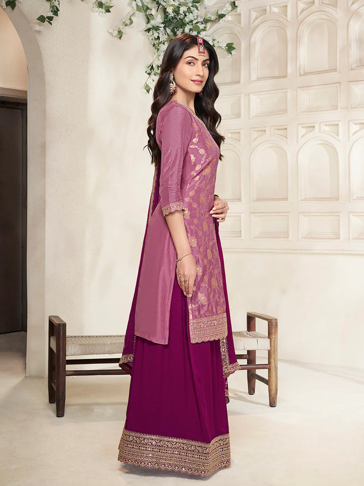 Sareen – Purple Dola Silk Embroidered Straight Kurta with Sequinned plazo Dupatta – 3 Pcs