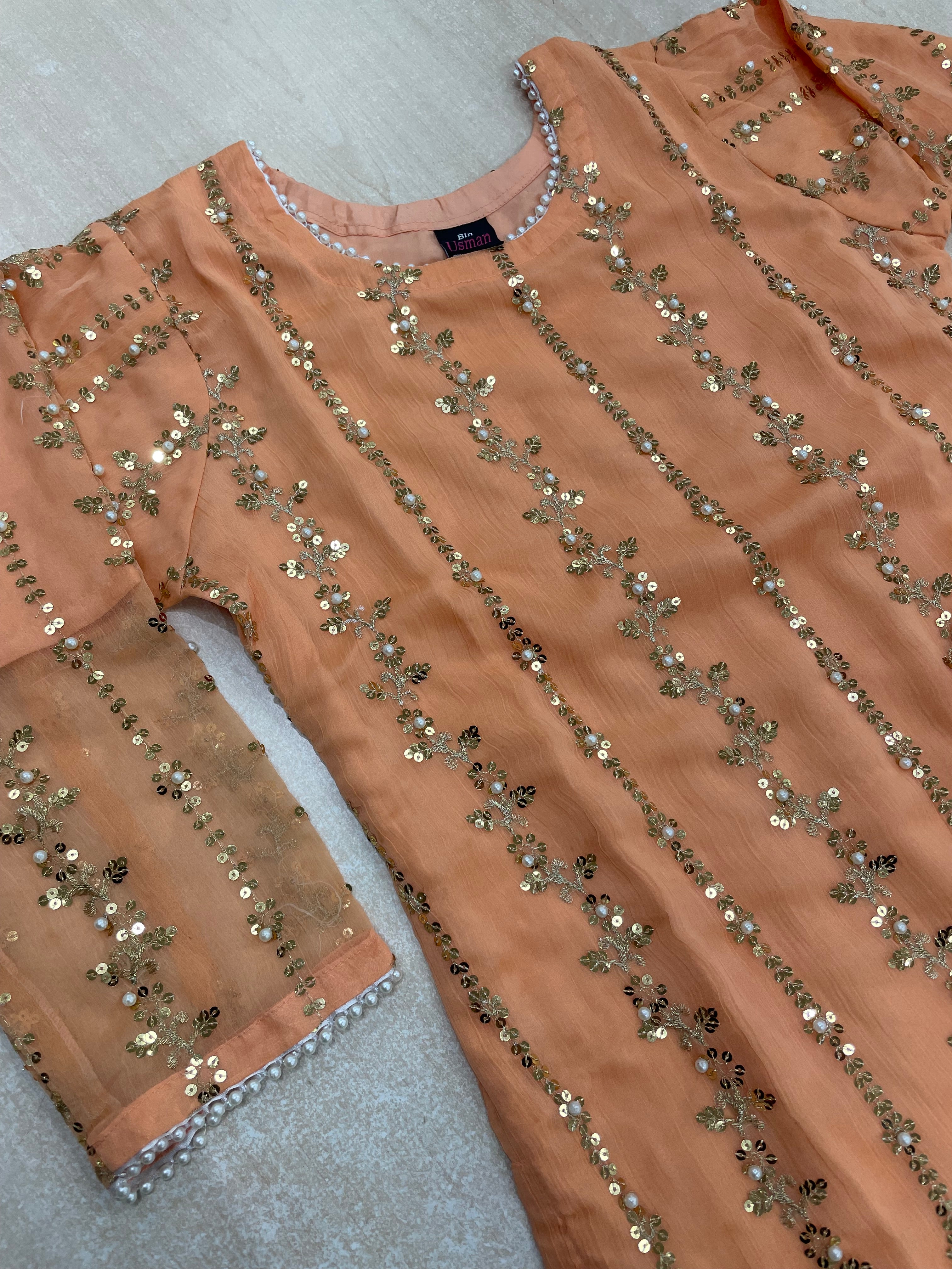 Orange Chiffon Shalwar kameez with Gold Embroidery & Gem work - 3pcs