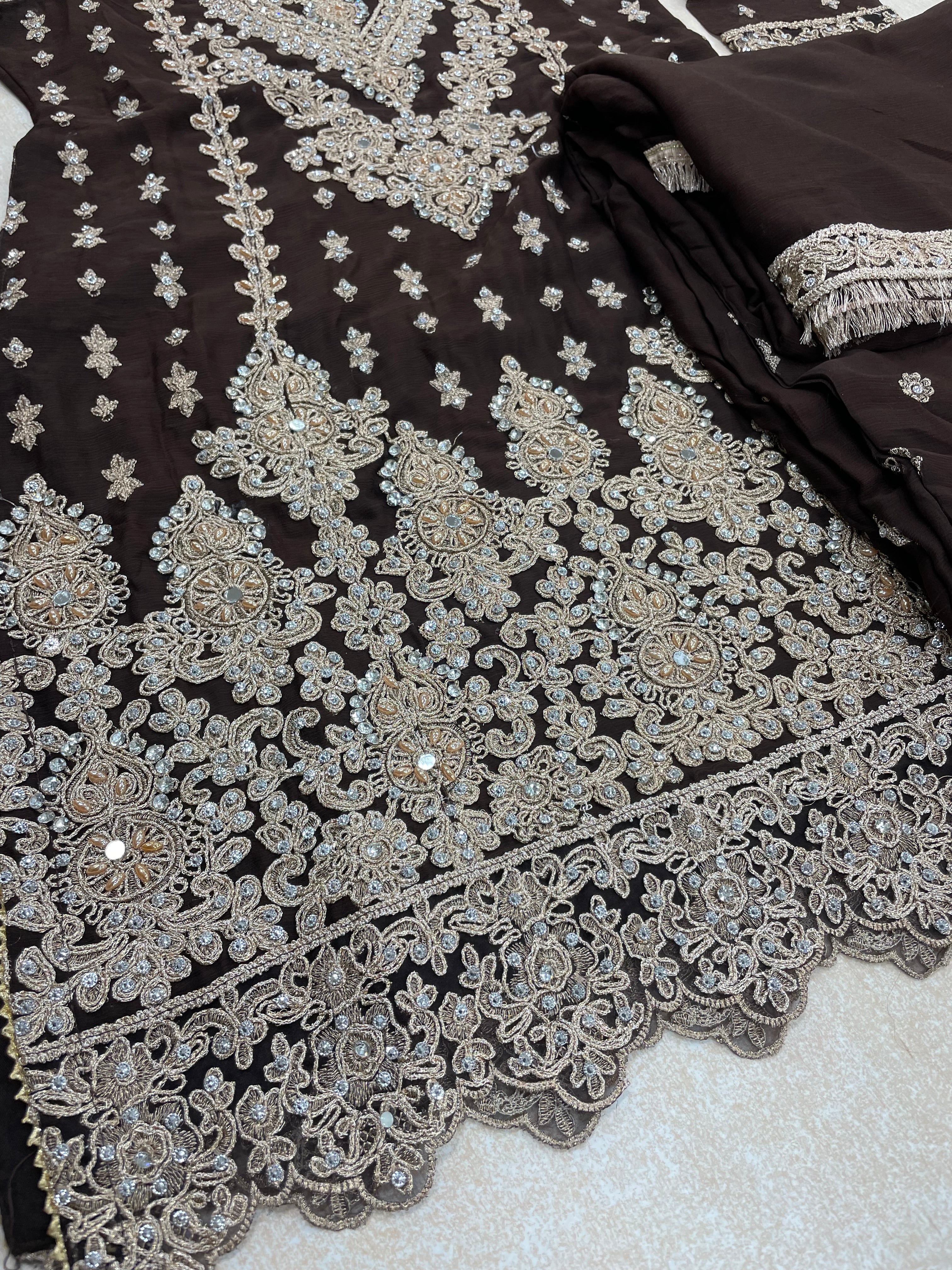 Brown embroidered Plazo - Rose Gold Embroidered & Gem work - 3Pcs