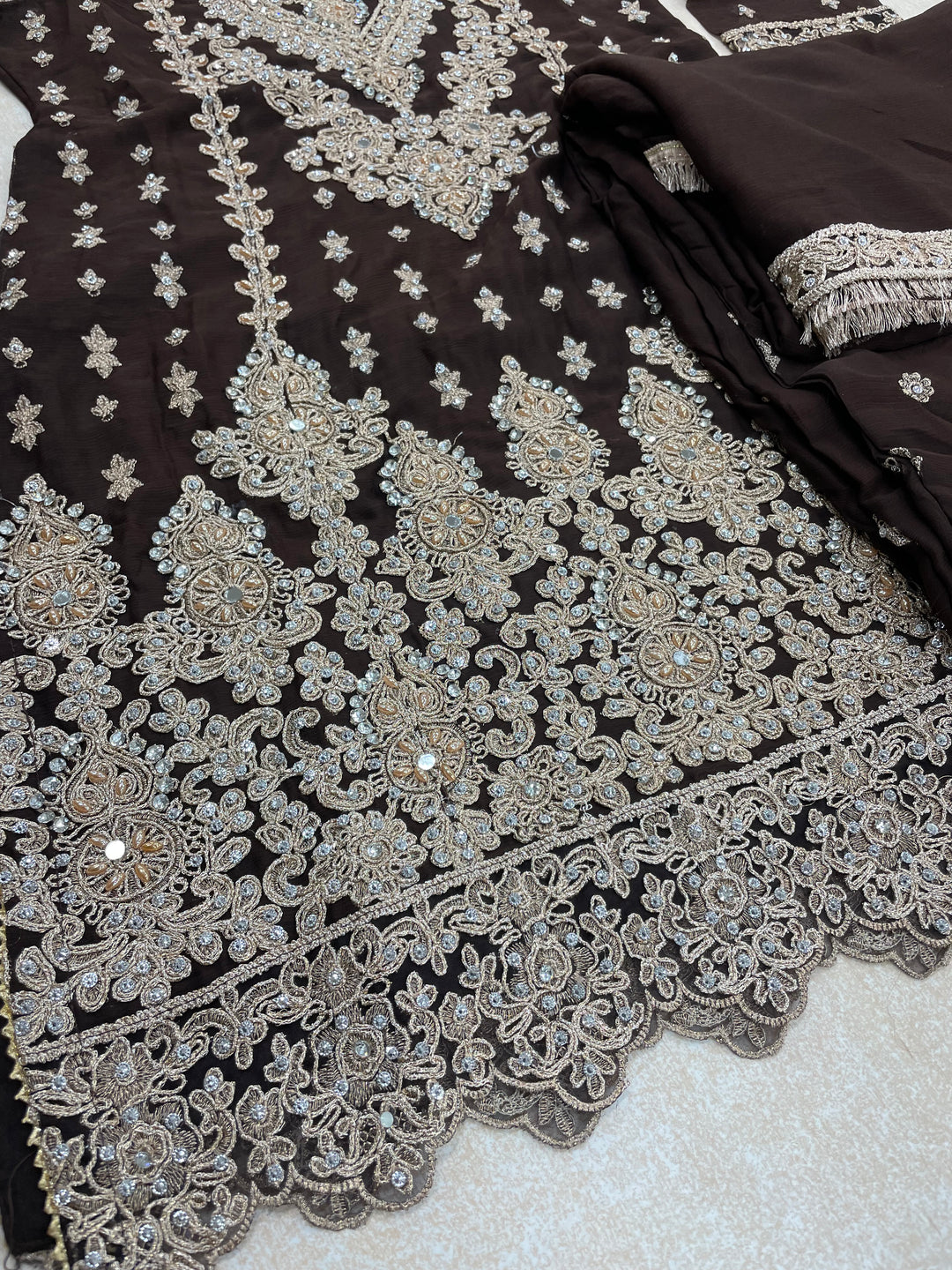 Aisha - Brown embroidered Plazo - Rose Gold Embroidered & Gem work - 3Pcs