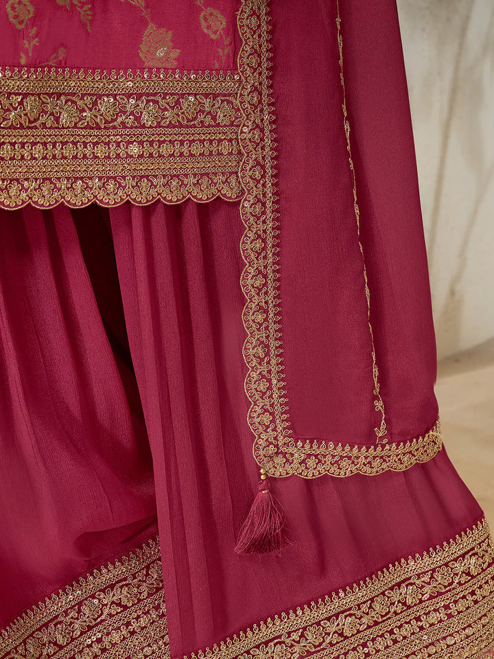 Sareen – Pink Dola Silk Embroidered Straight Kurta with Sequinned plazo Dupatta – 3 Pcs