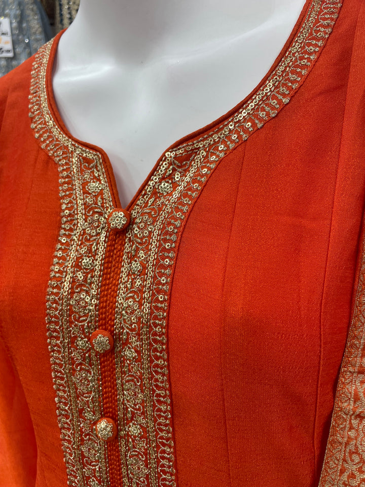 Isra – Orange Bhagalpuri Silk Anarkali with Digital Print Dupatta – 3 Pcs
