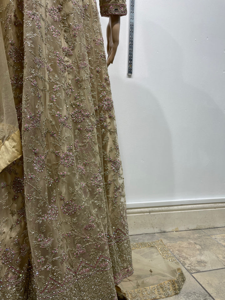 Safiya - Champagne Gold Heavy Embroidered Net Gown with Net Scarf - 3pcs