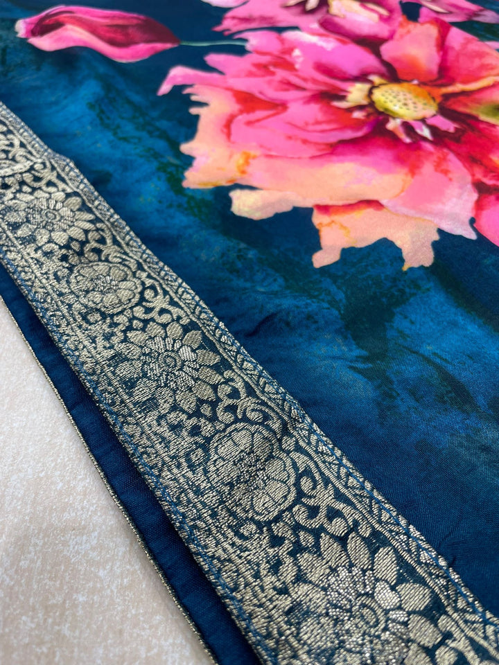 Floral Elegance –  Navy Blue Digital Print Dupatta with Zari Border