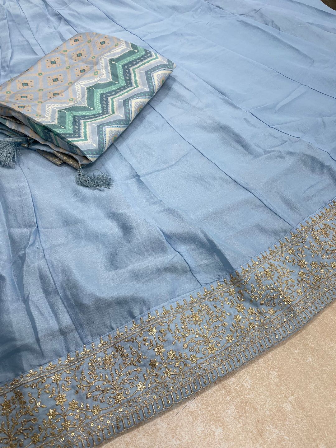 Yasmin - Sky Blue Bhagalpuri Silk Frock with Digital Print Dupatta - 2pcs