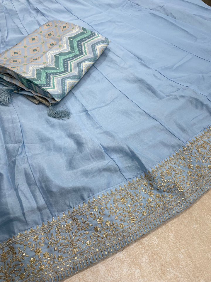 Yasmin - Sky Blue Bhagalpuri Silk Frock with Digital Print Dupatta - 2pcs