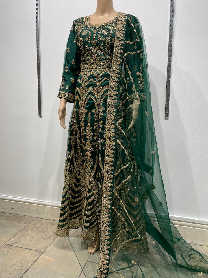 Meher - Dark Green Heavy Embroidered Gown with Front Split - 3pcs