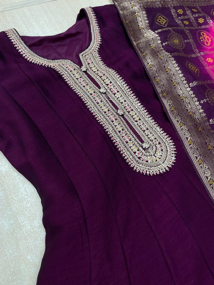 Hooriya - Purple Embroidered Anarkali with Jacquard Dupatta - 3 Pcs