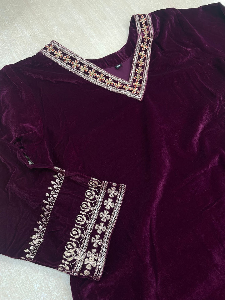Noura - Purple Velvet Kameez - Embroidered & Gem work - 3Pcs