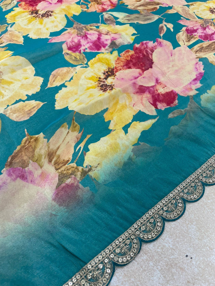 Elham – Turquoise Masoori Embroidered Suit Set with Printed Dupatta - 3pcs