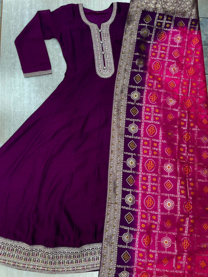 Hooriya - Purple Embroidered Anarkali with Jacquard Dupatta - 3 Pcs