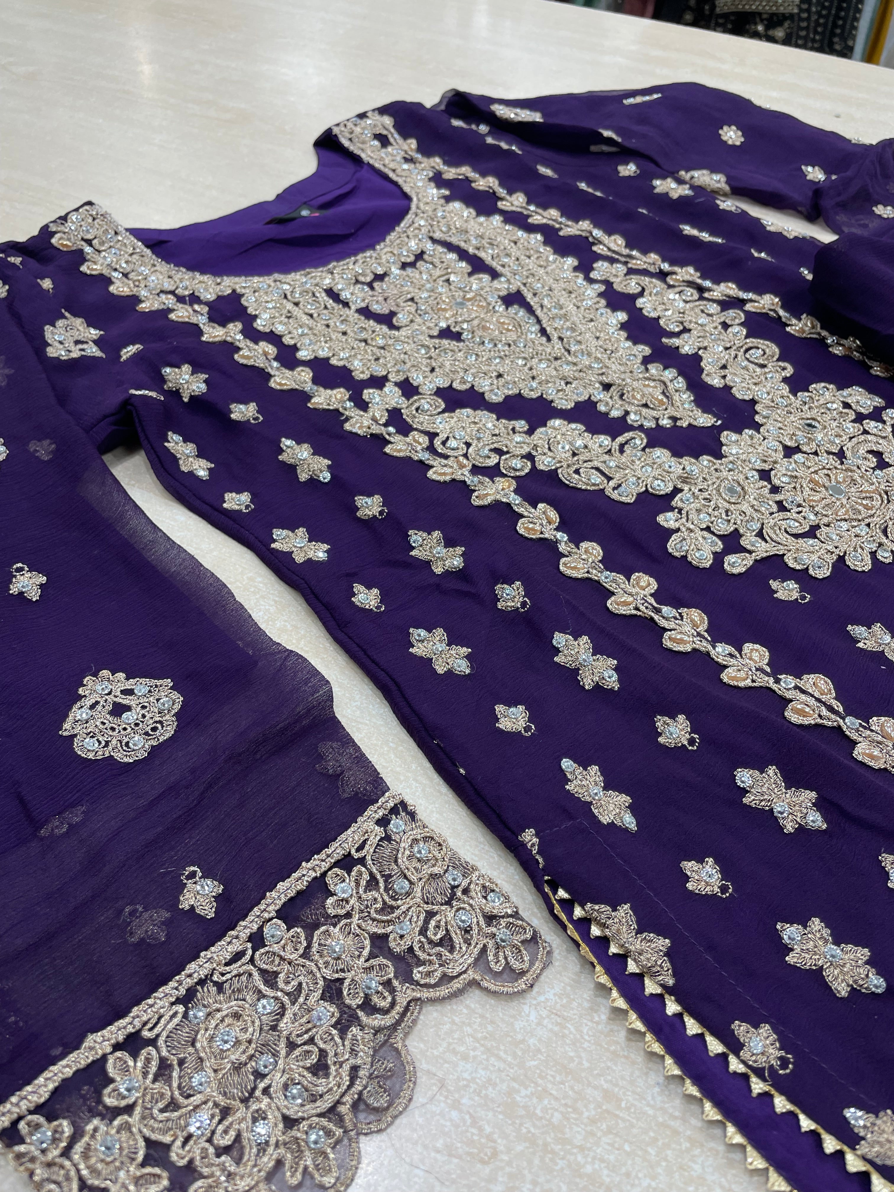 Purple embroidered Plazo - Rose Gold Embroidered & Gem work - 3Pcs