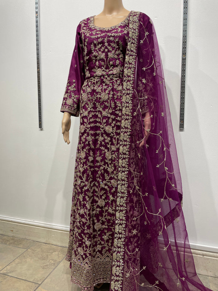 Safiya - Purple Heavy Embroidered Net Gown with Net Scarf - 3pcs
