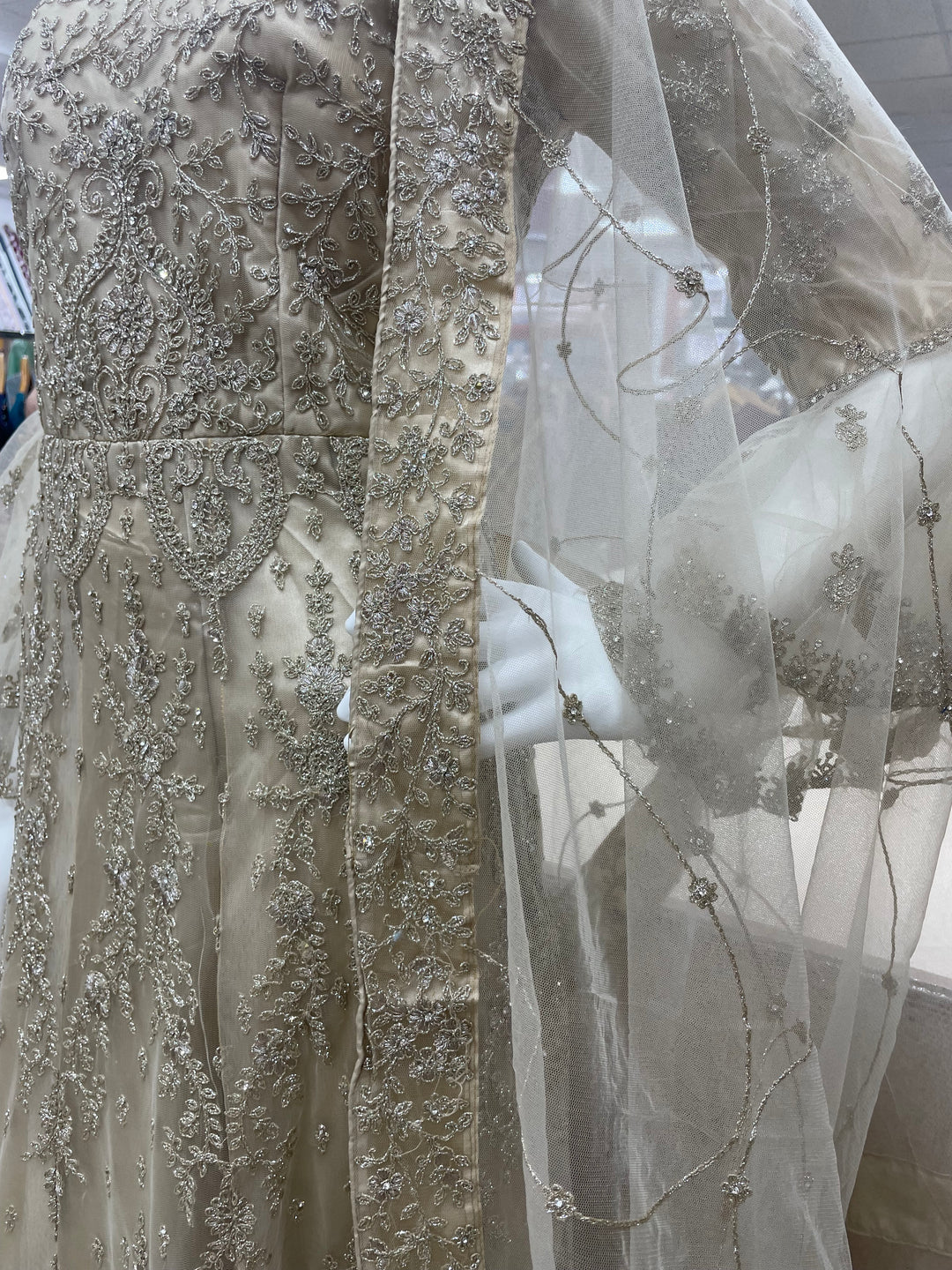 Jannah - Champagne Gold Heavy Embroidered Net Party Gown with Bell Sleeves/White Gold Embroidered - 3pcs