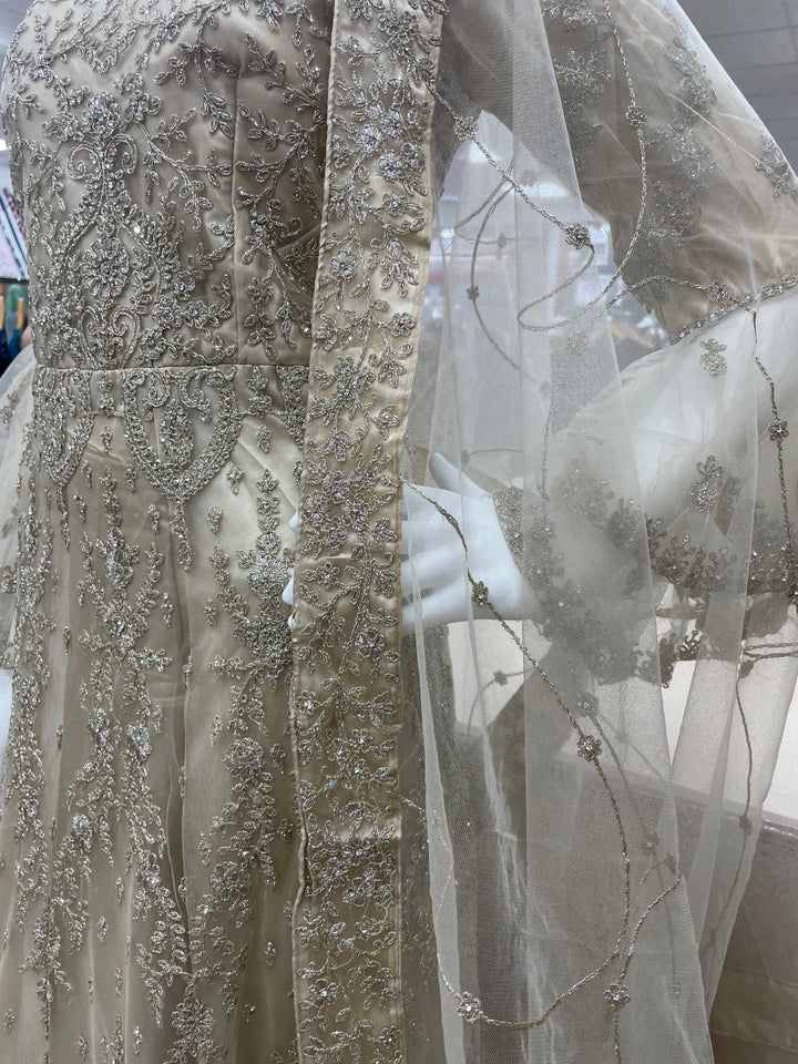 Jannah - Champagne Gold Heavy Embroidered Net Party Gown with Bell Sleeves/White Gold Embroidered - 3pcs