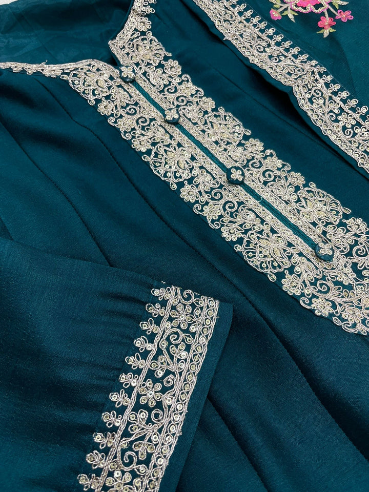 Marwah - Teal Green Embroidered Anarkali with Net Dupatta - 3 Pcs