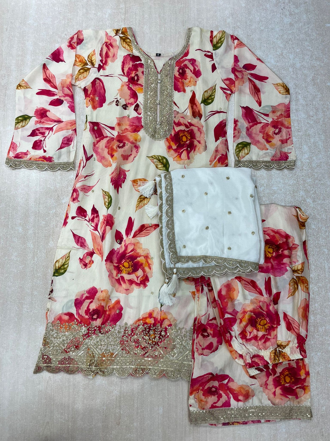 Nura - Cream - Pure Silk Printed Plazo Kameez with Georgette Dupatta - Co-ord - 3pcs