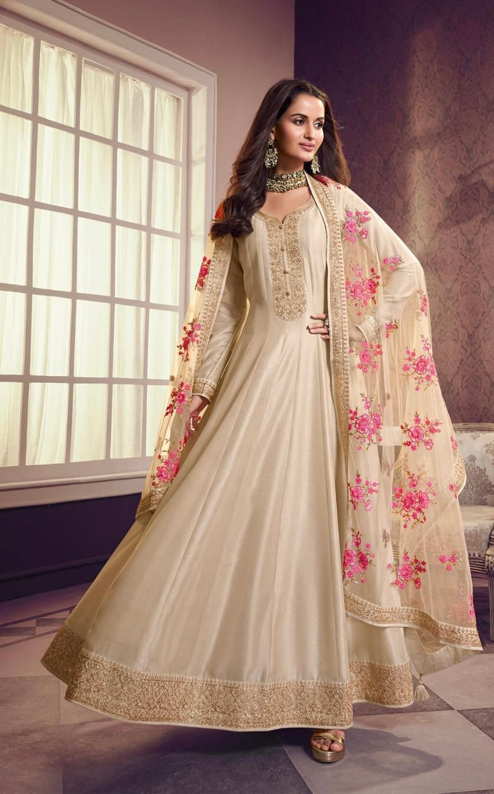 Marwah - Cream Embroidered Anarkali with Net Dupatta - 3 Pcs