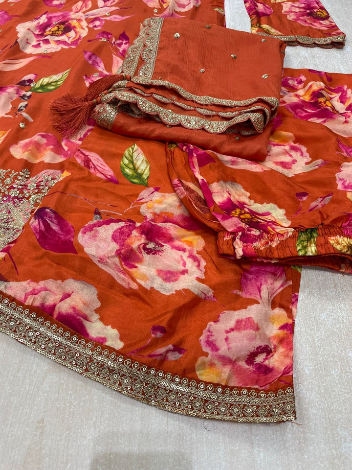 Nura - Burnt Orange - Pure Silk Printed Plazo Kameez with Georgette Dupatta - Co-ord - 3pcs