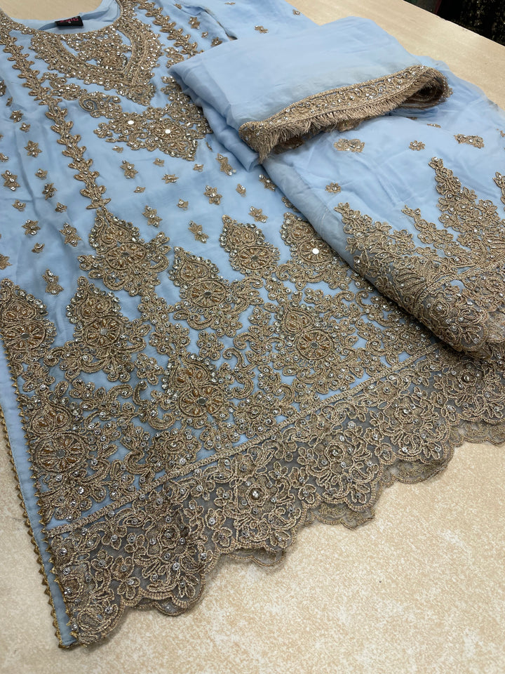 Aisha - Sky Blue embroidered Plazo - Rose Gold Embroidered & Gem work - 3Pcs