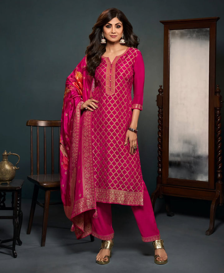 Aleena - Cerise Pink Pure Viscose Dola with Embroidery Work & Digital Print Scarf - 3 Pcs