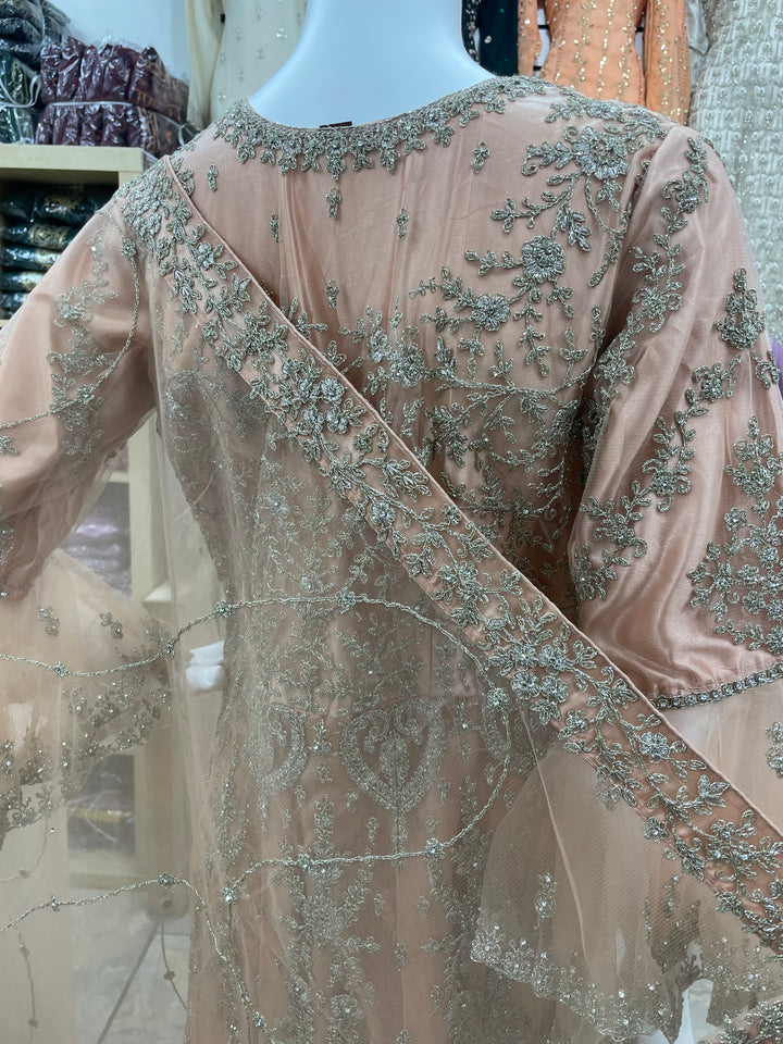 Jannah - Peach Heavy Embroidered Net Party Gown with Bell Sleeves/White Gold Embroidered - 3pcs