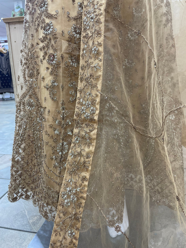 Jannah - Dijon Yellow/Mustard Heavy Embroidered Net Party Gown with Bell Sleeves/Copper Gold Embroidered - 3pcs