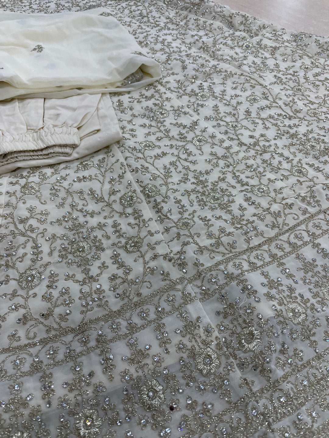 Amani - Off White Heavy Embroidered Chiffon Gown - White Gold Embroidery - 3pcs
