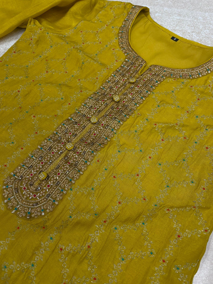 Aleena -Mustard Yellow Pure Viscose Dola with Embroidery Work & Digital Print Scarf - 3 Pcs