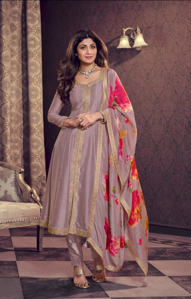 Khadija - Lavender Silk bottom Split Anarkali With Print Scarf - 3 Pcs
