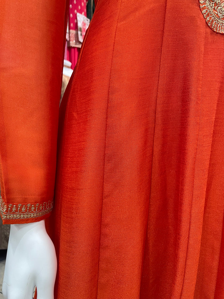 Isra – Orange Bhagalpuri Silk Anarkali with Digital Print Dupatta – 3 Pcs