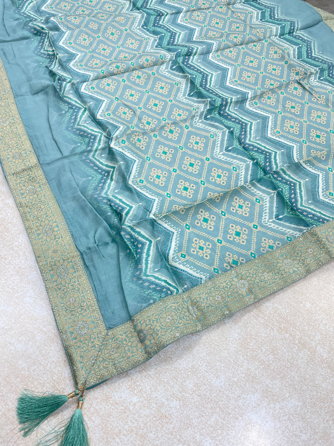 Yasmin - Dusky Turquoise Bhagalpuri Silk Frock with Digital Print Dupatta - 2pcs